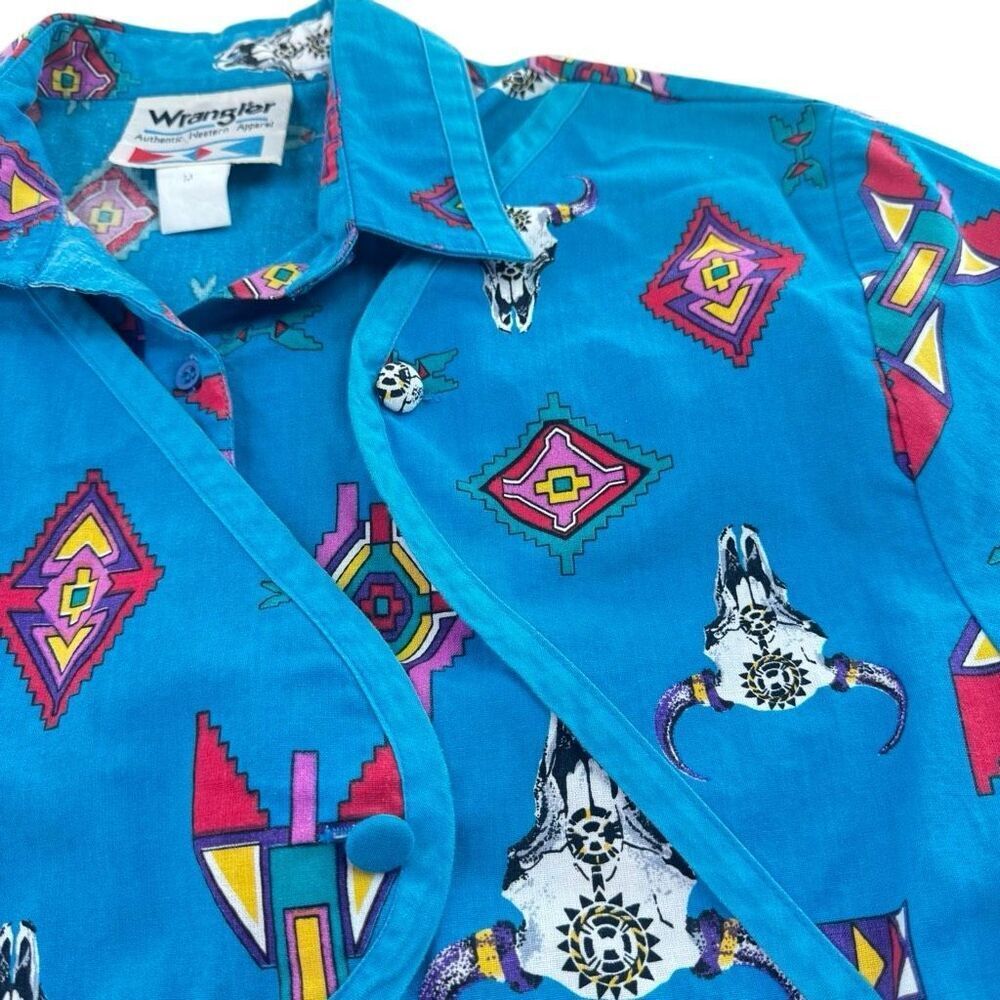 Vintage Wrangler Funky Bold Western Rodeo Aztec Print Shirt Size Medium Native - Picture 6 of 9
